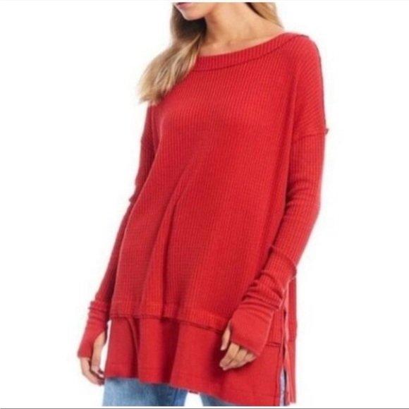 Free People Tops - Free People Phoenix Thermal Knit Tunic Top Thumb hole Red Size Small